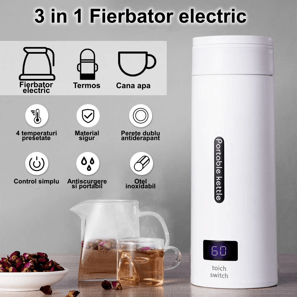 Fierbator Electric Portabil, Luxofia, Termos, 450 ml, 4 Temperaturi Presetate, Fierbere Rapida, Interior Otel Inoxidabil - imagine 2