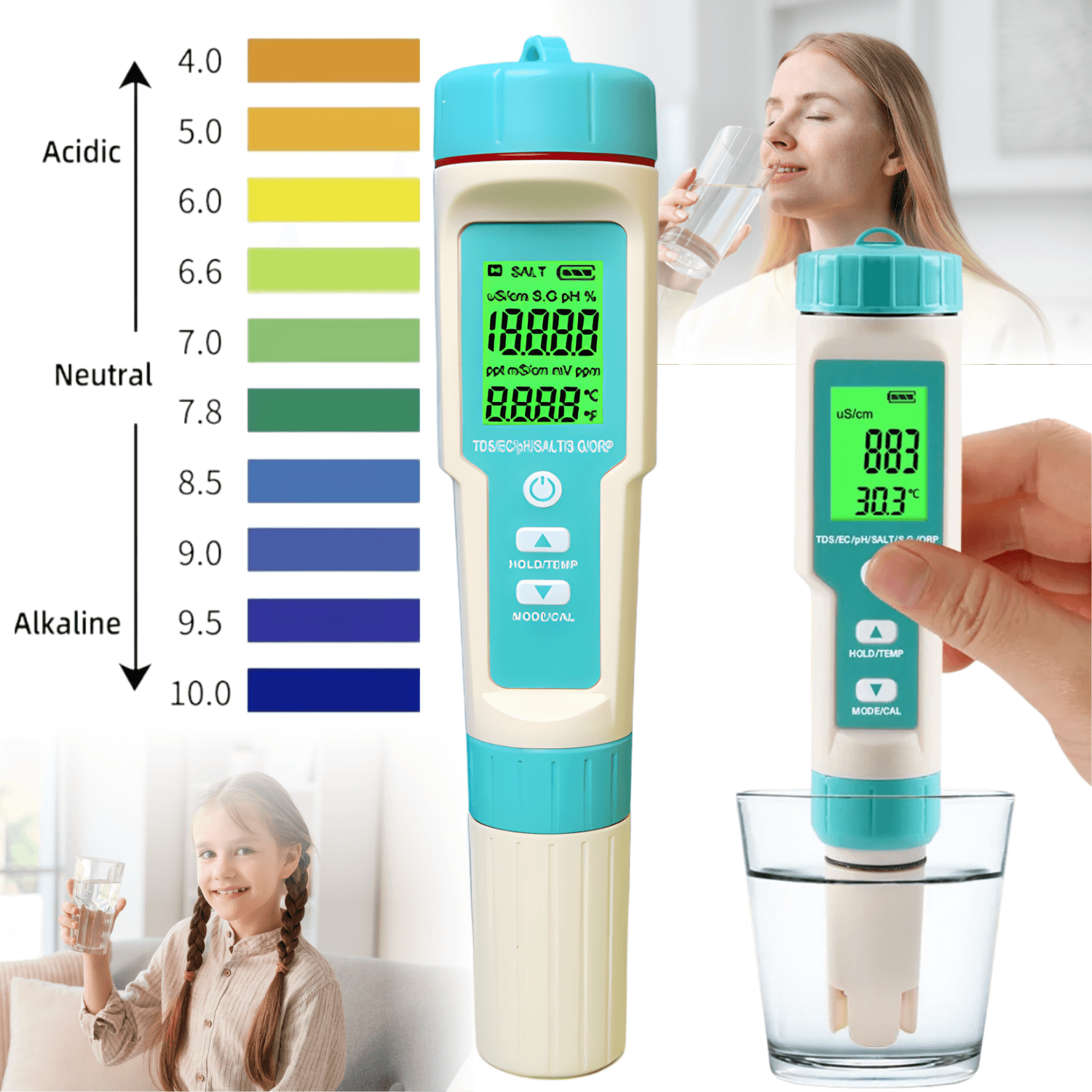 Detector de calitate a apei 7 in 1, Luxofia, afisaj LCD iluminat, calibrare automata, portabil