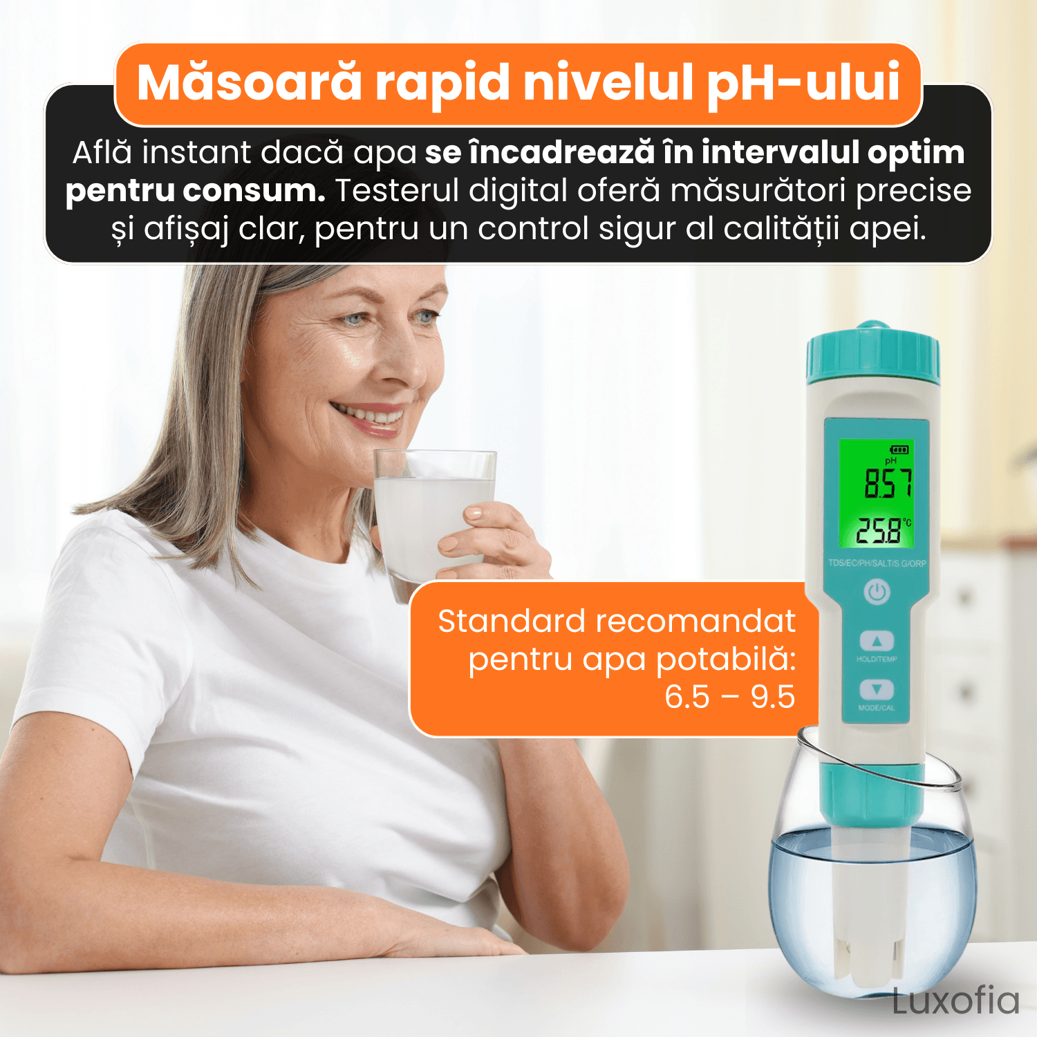 Detector de calitate a apei 7 in 1, Luxofia, afisaj LCD iluminat, calibrare automata, portabil - imagine 2