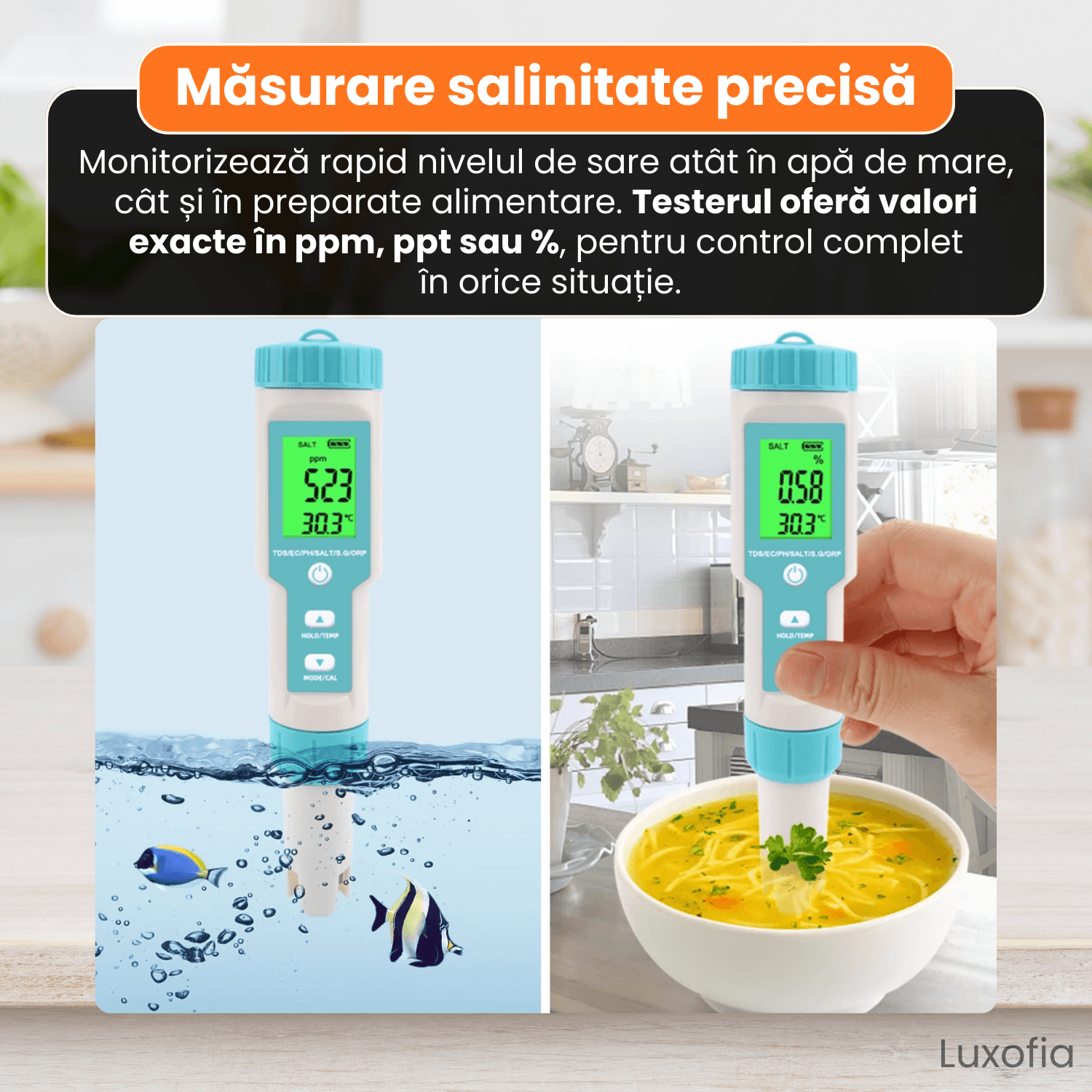 Detector de calitate a apei 7 in 1, Luxofia, afisaj LCD iluminat, calibrare automata, portabil - imagine 4