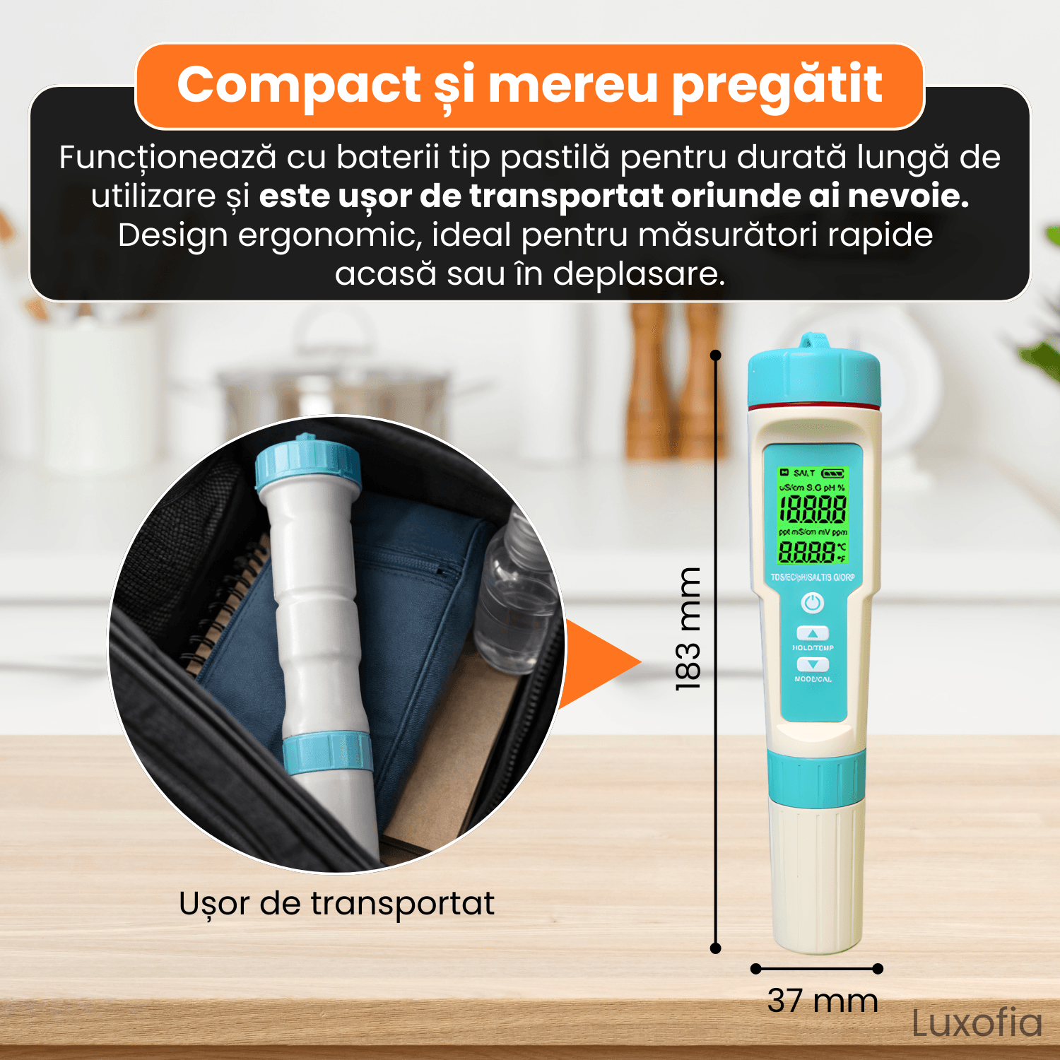 Detector de calitate a apei 7 in 1, Luxofia, afisaj LCD iluminat, calibrare automata, portabil - imagine 6