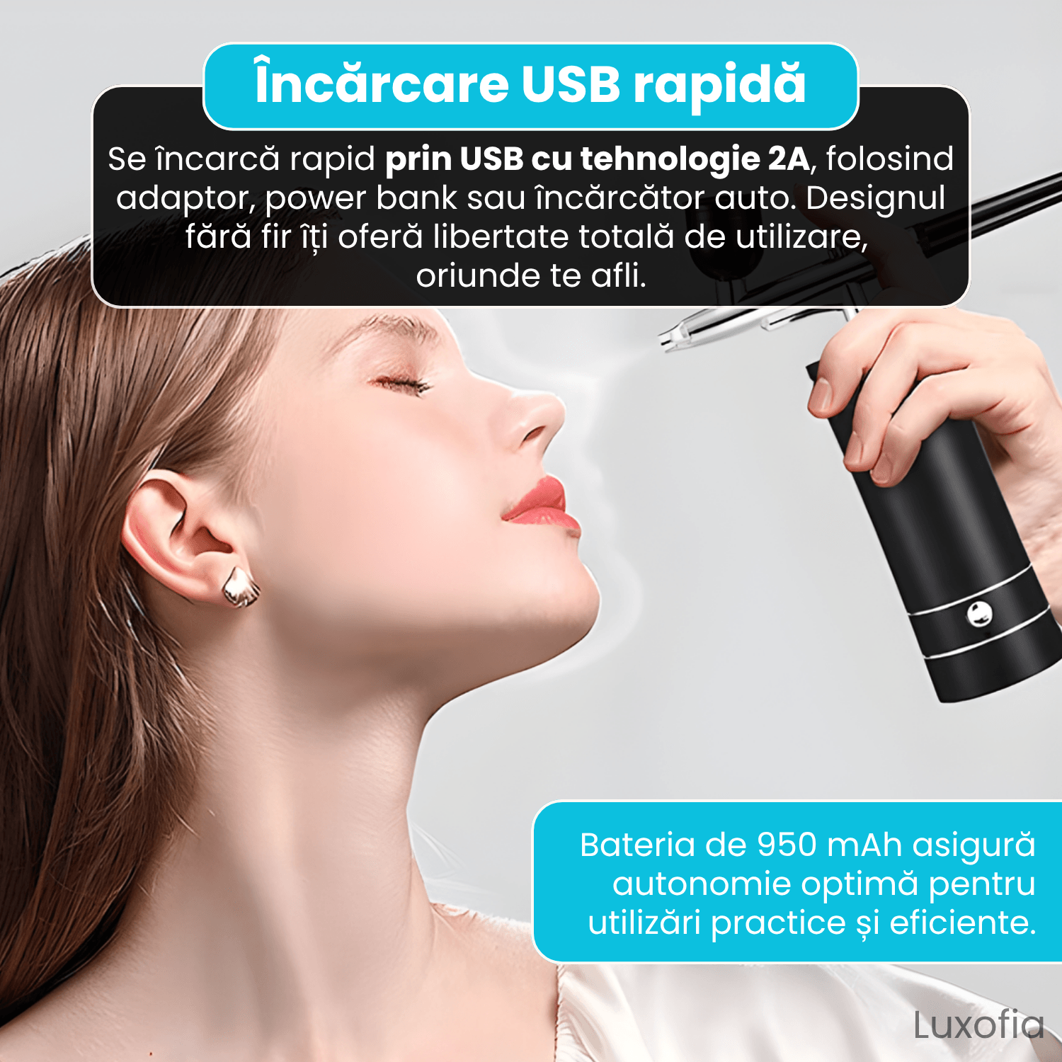 Aerograf portabil profesional, Luxofia, compresor integrat, duza 0.3 mm, 950 mAh, set complet - imagine 4