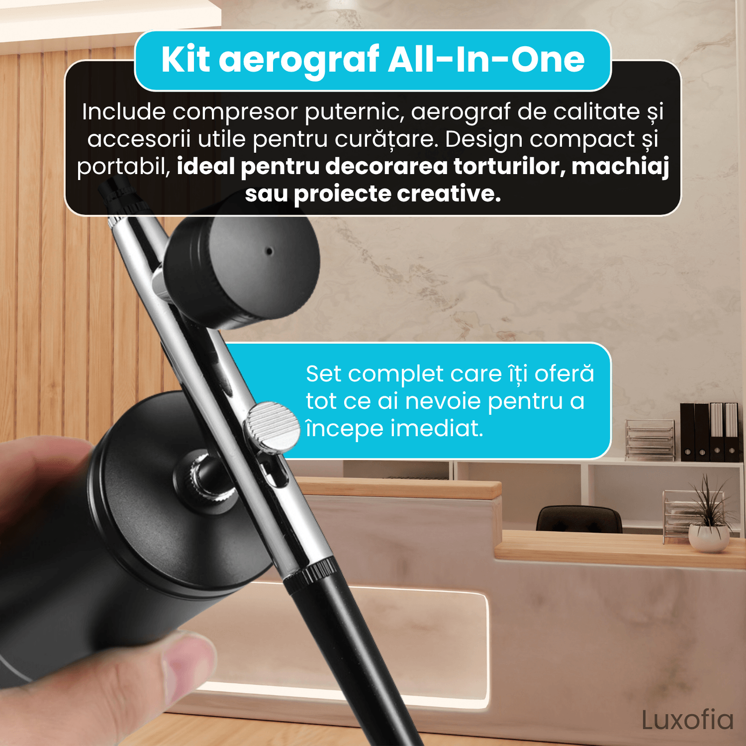 Aerograf portabil profesional, Luxofia, compresor integrat, duza 0.3 mm, 950 mAh, set complet - imagine 5