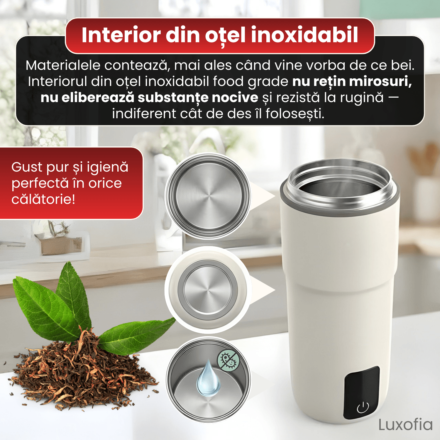 Fierbator electric portabil, Luxofia, 350ml, afisaj digital, 4 trepte de temperatura 45-60-80-100°C, oprire automata - imagine 2