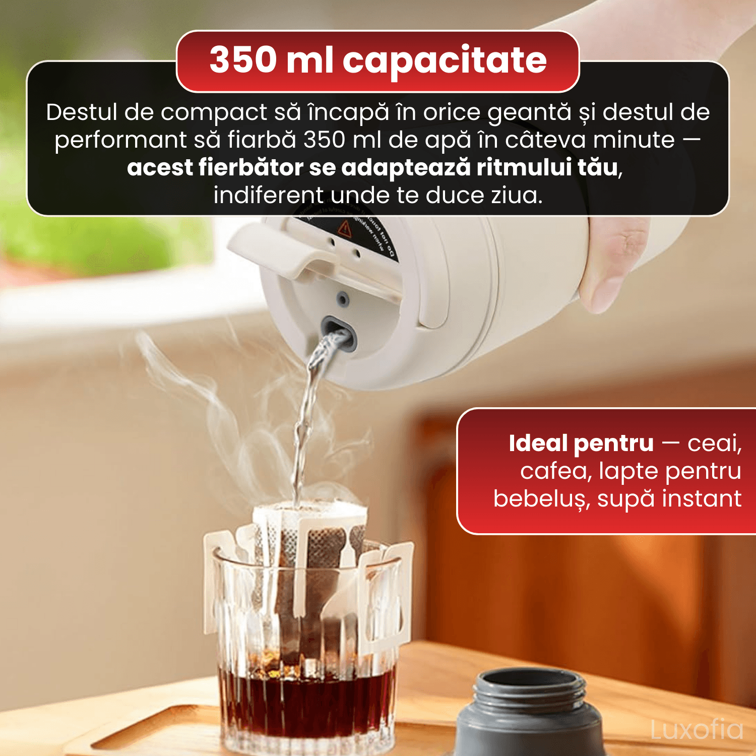 Fierbator electric portabil, Luxofia, 350ml, afisaj digital, 4 trepte de temperatura 45-60-80-100°C, oprire automata - imagine 3