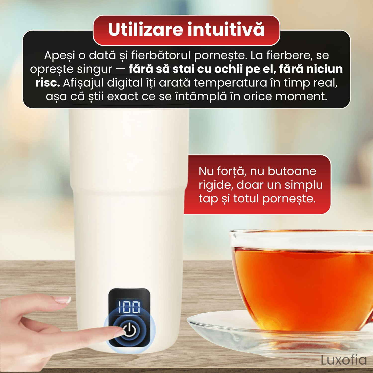 Fierbator electric portabil, Luxofia, 350ml, afisaj digital, 4 trepte de temperatura 45-60-80-100°C, oprire automata - imagine 6