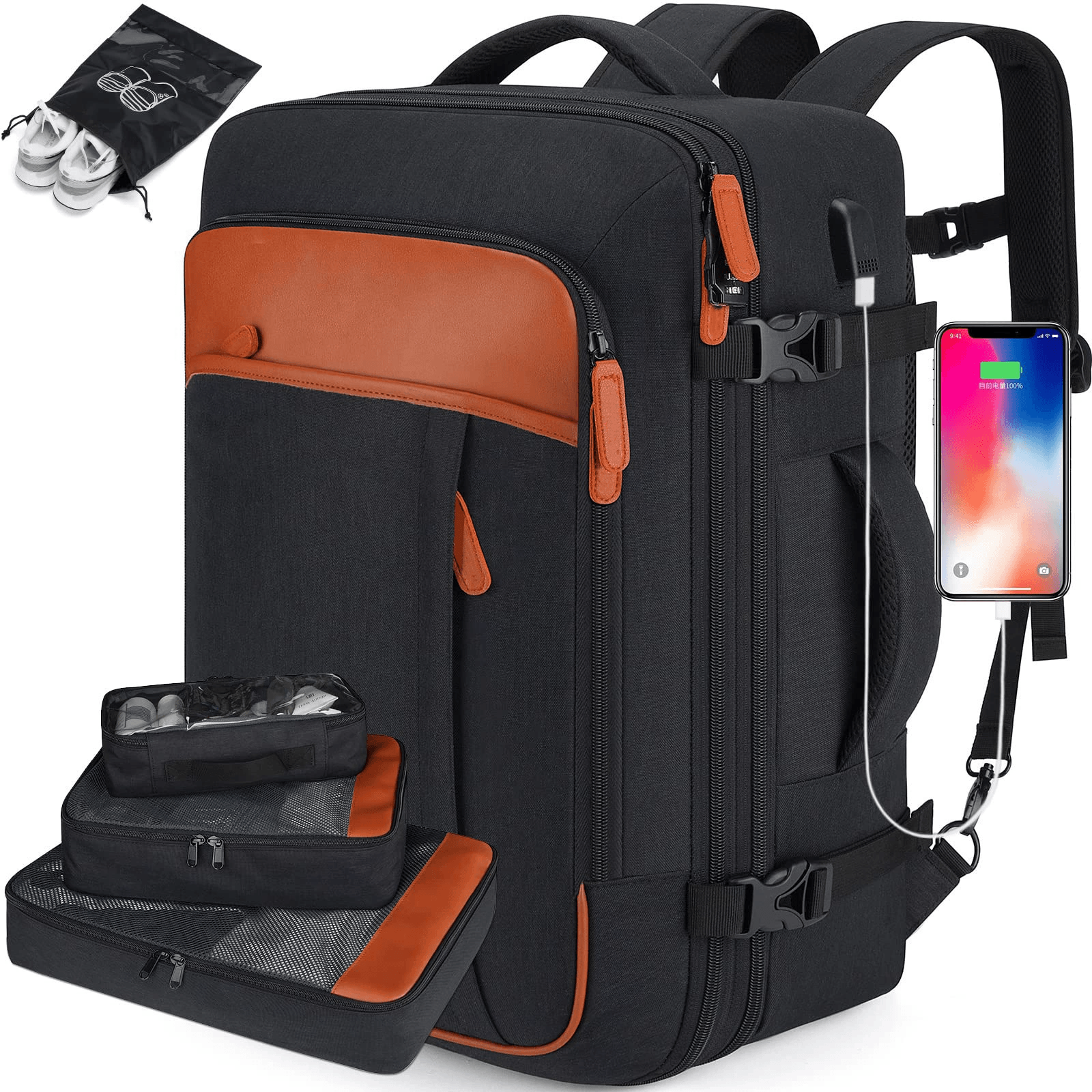 Rucsac de calatorie, Luxofia, 40L, bagaj de mana aprobat pentru zbor, port USB, include 3 cuburi de ambalare, negru