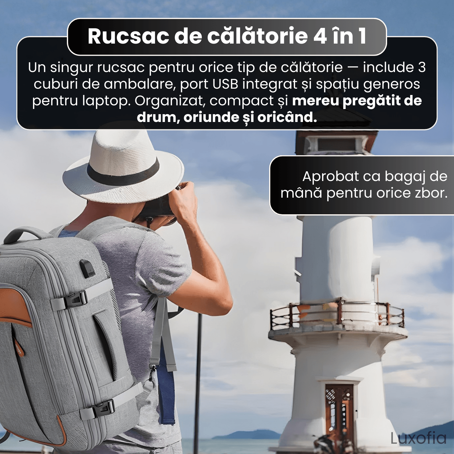 Rucsac de calatorie, Luxofia, 40L, bagaj de mana aprobat pentru zbor, port USB, include 3 cuburi de ambalare, verde - imagine 2