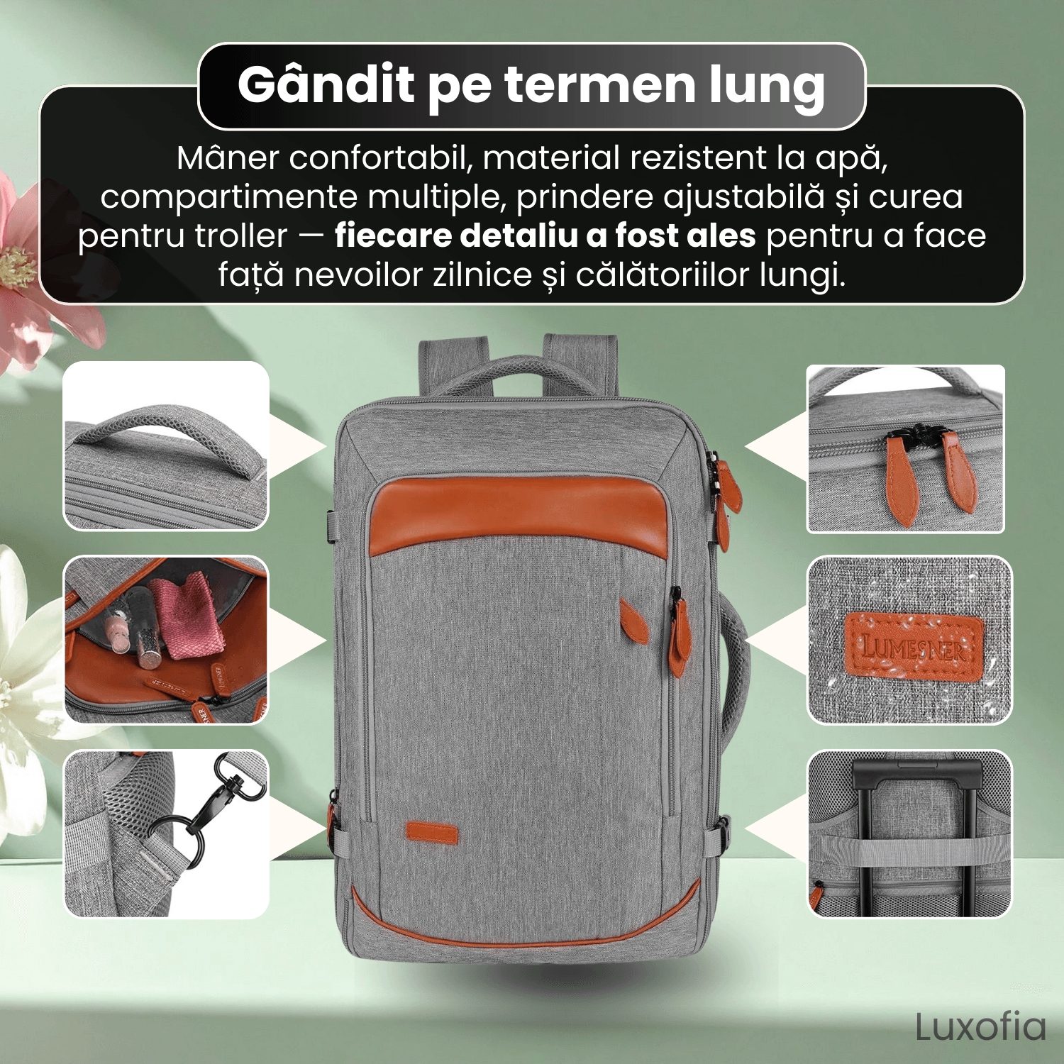 Rucsac de calatorie, Luxofia, 40L, bagaj de mana aprobat pentru zbor, port USB, include 3 cuburi de ambalare, verde - imagine 3