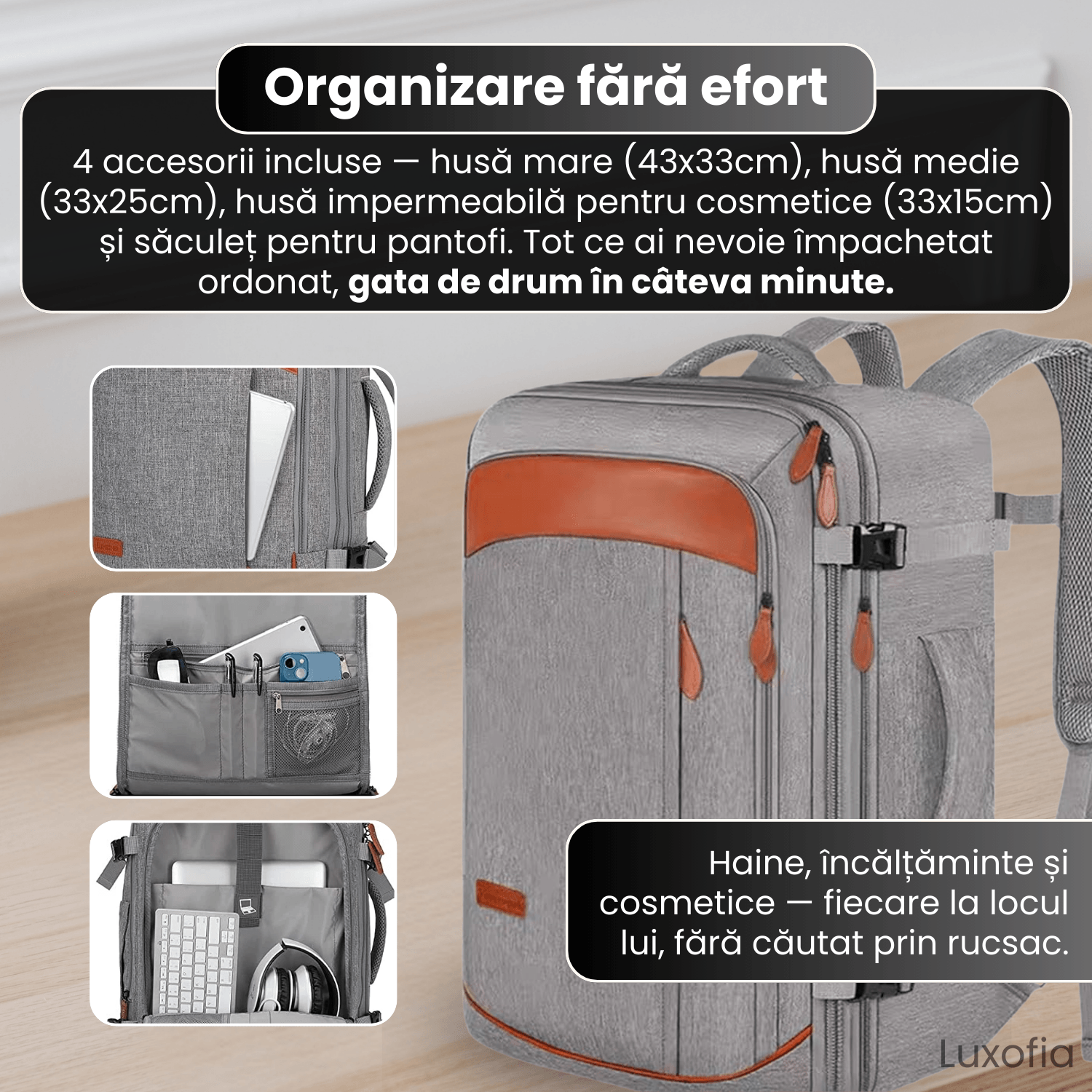 Rucsac de calatorie, Luxofia, 40L, bagaj de mana aprobat pentru zbor, port USB, include 3 cuburi de ambalare, verde - imagine 4
