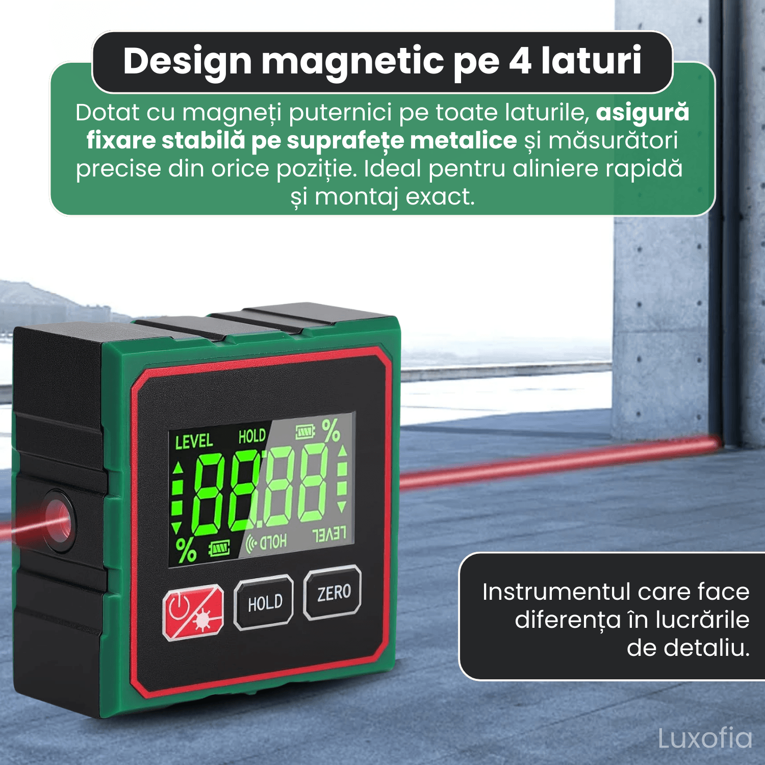 Inclinometru digital portabil cu laser, Luxofia, 360°, 4 laturi magnetice, masurare relativa si absoluta, precizie ±0.2° - imagine 2