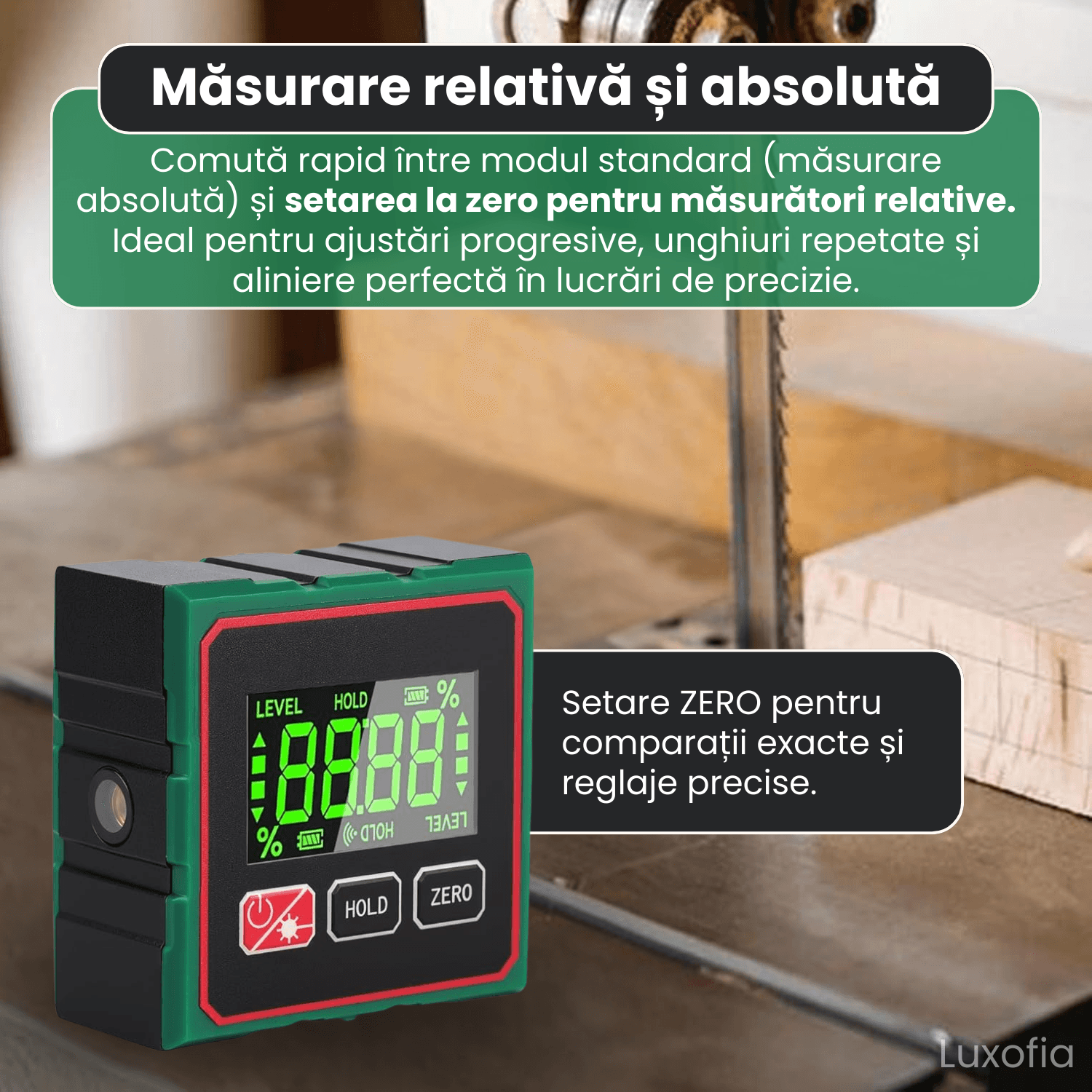 Inclinometru digital portabil cu laser, Luxofia, 360°, 4 laturi magnetice, masurare relativa si absoluta, precizie ±0.2° - imagine 4