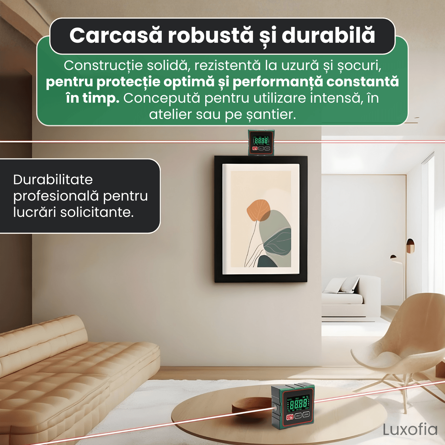 Inclinometru digital portabil cu laser, Luxofia, 360°, 4 laturi magnetice, masurare relativa si absoluta, precizie ±0.2° - imagine 6