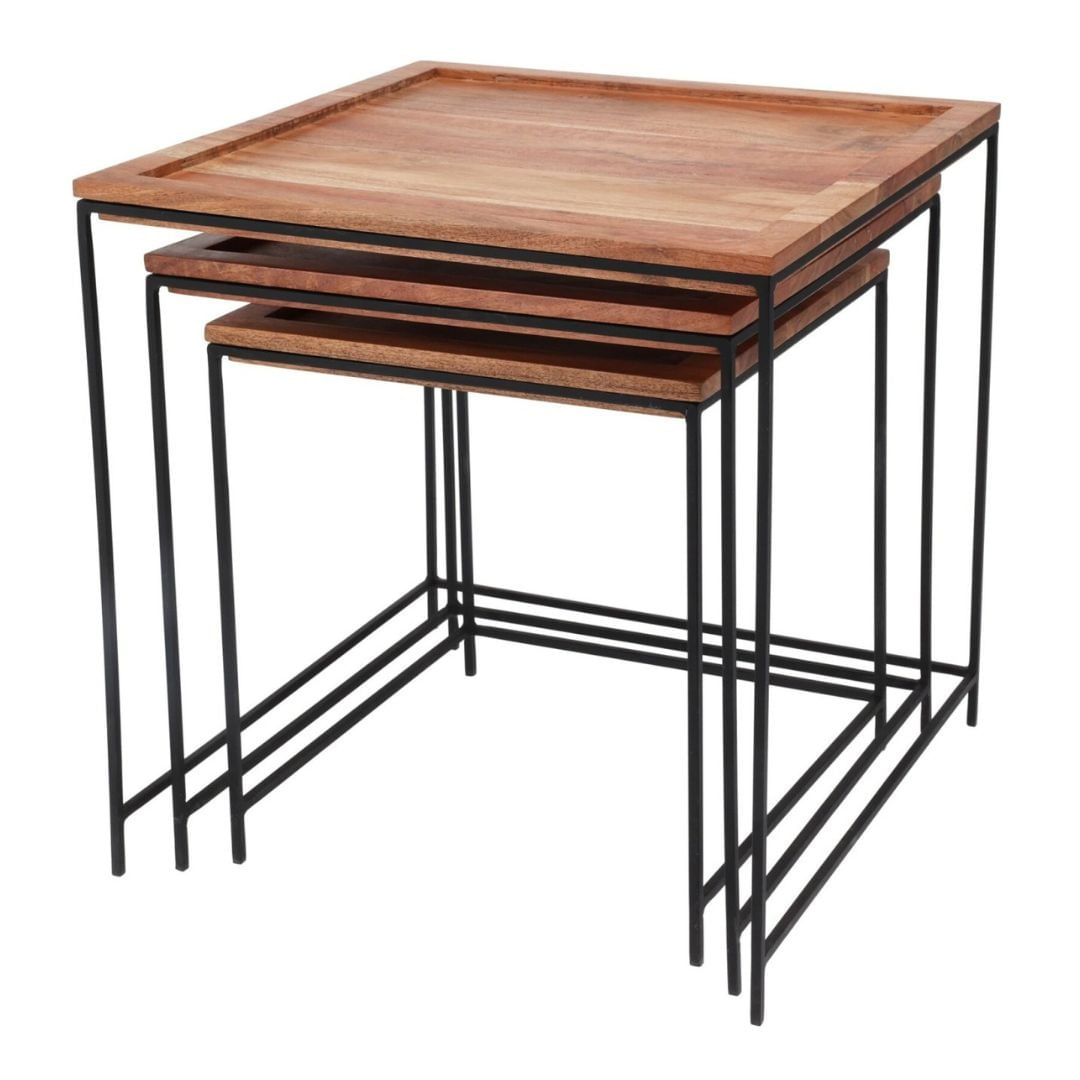 Set 3 masute suprapozabile Koopman, din lemn natural, cadru metalic negru, 40,3x40,3x41 cm, 35x35x37 cm, 30x30x33 cm — imaginea 2