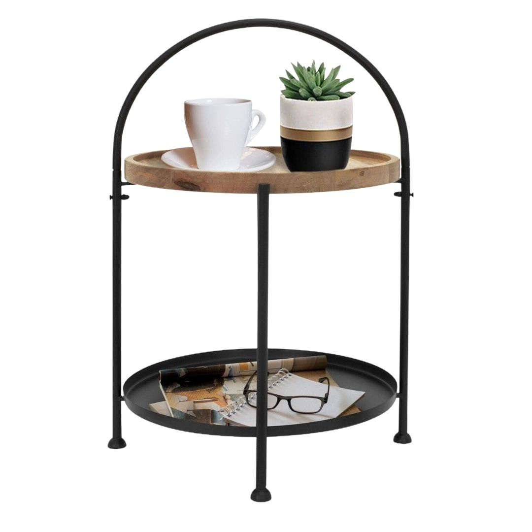 Masuta de cafea, rotunda, din lemn si metal cu doua niveluri, 39×39×55 cm — imaginea 2