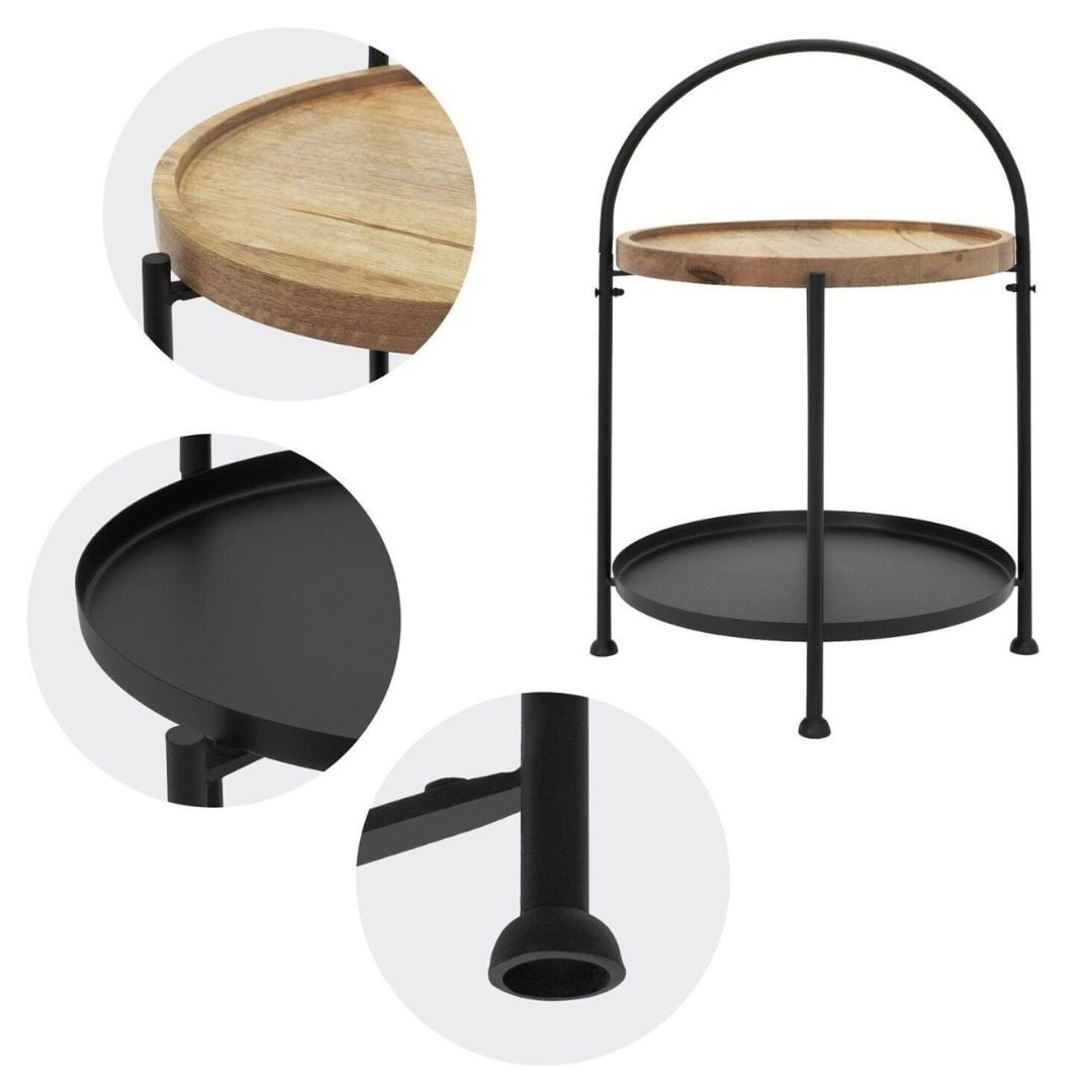 Masuta de cafea, rotunda, din lemn si metal cu doua niveluri, 39×39×55 cm — imaginea 4