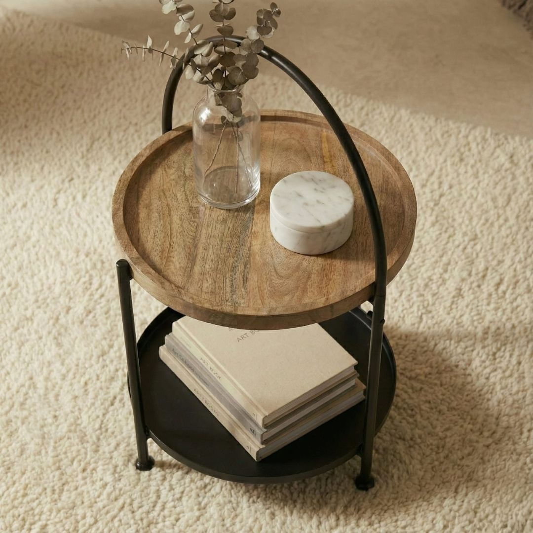 Masuta de cafea, rotunda, din lemn si metal cu doua niveluri, 39×39×55 cm — imaginea 6