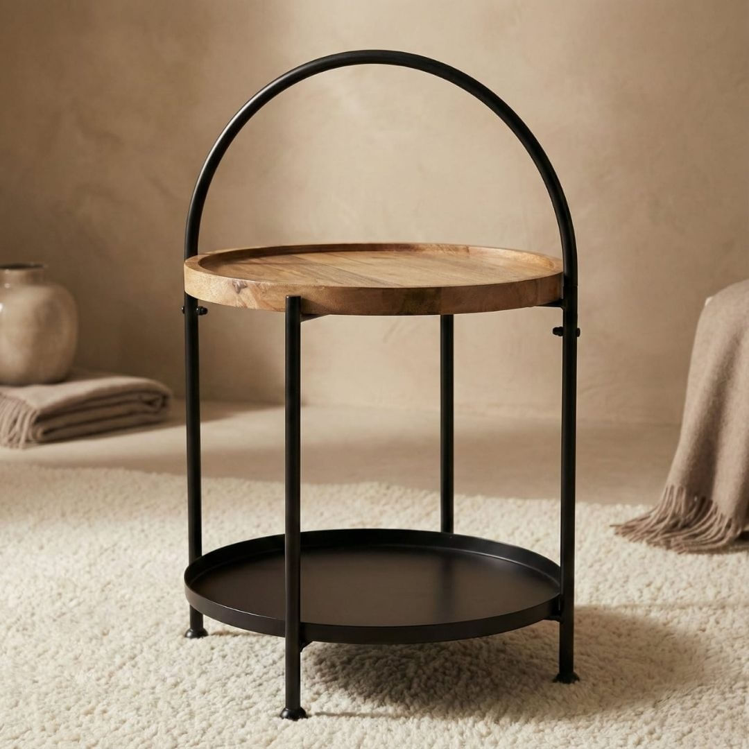 Masuta de cafea, rotunda, din lemn si metal cu doua niveluri, 39×39×55 cm — imaginea 7