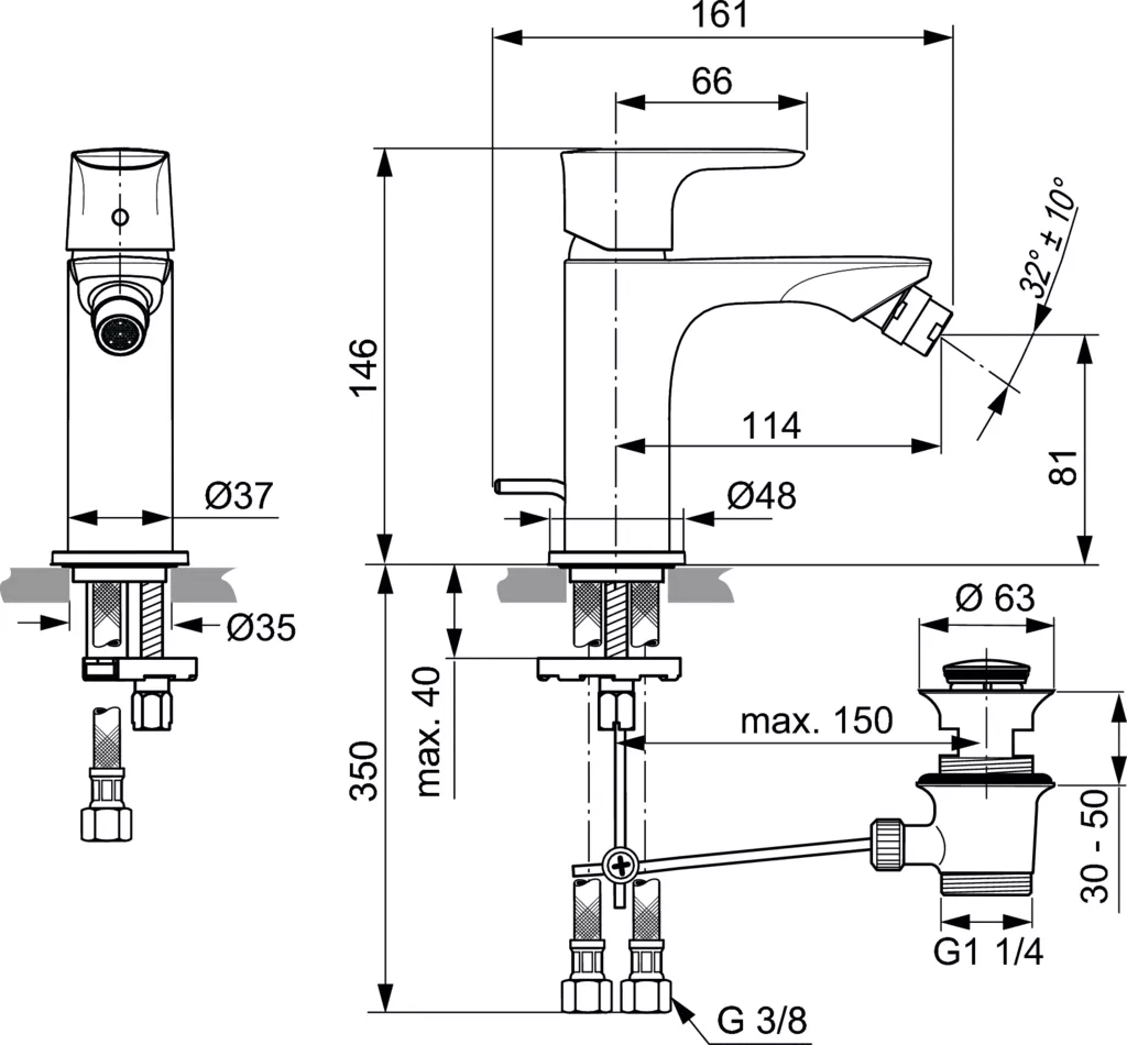 Baterie bideu Ideal Standard Connect Air A7030, 3/8'',a M, monocomanda, aerator cu bila, pop-up metalic, crom — imaginea 2