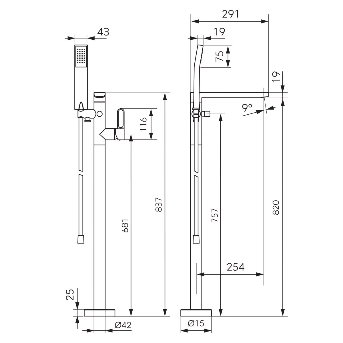 Baterie cada Fdesign Zaffiro, pe podea, set dus, mat, negru/cupru, FD1-FD1-ZFR-11F-25 — imaginea 2