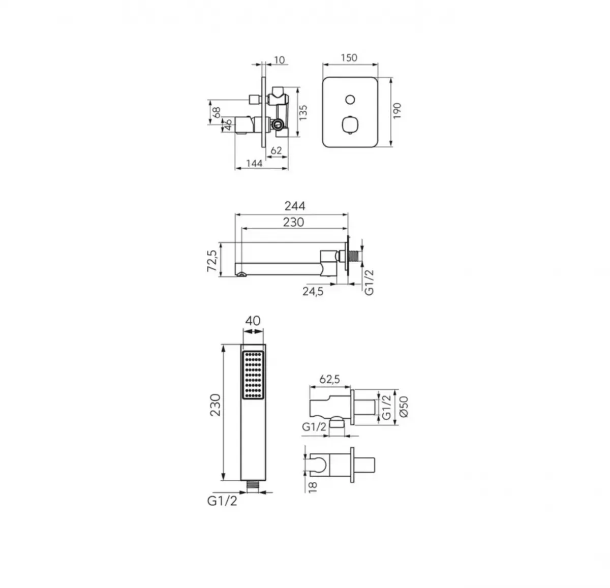 Baterie cada FDesign Meandro FD1-MDR-7PSET1-11, 1/2'', incastrata, diverter, set de dus, 1 pulverizare, crom — imaginea 2