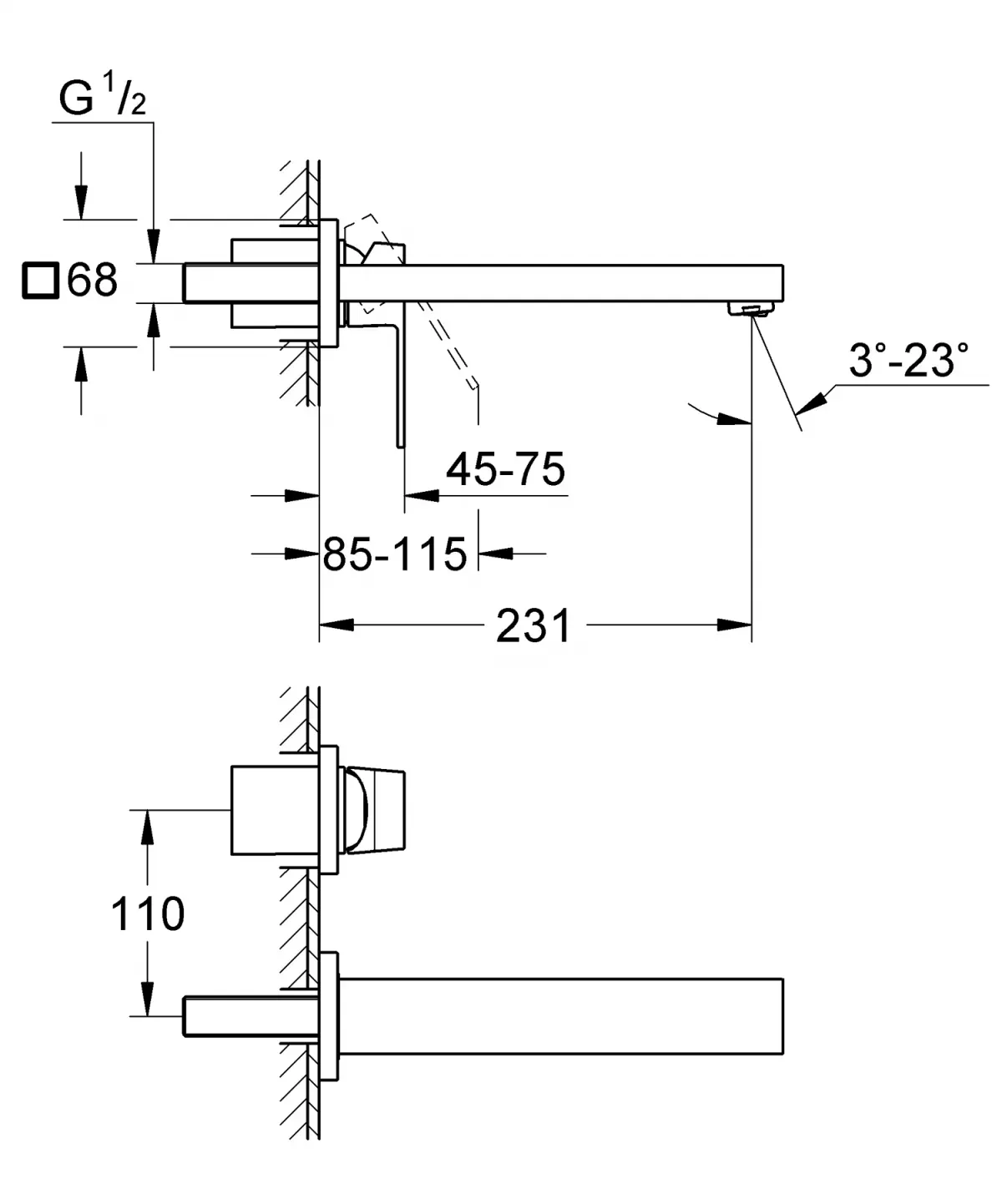 Baterie lavoar Grohe Eurocube, 1/2'', L, 230 mm, pe perete, monocomanda, mat, grafit, 23447AL0 — imaginea 3