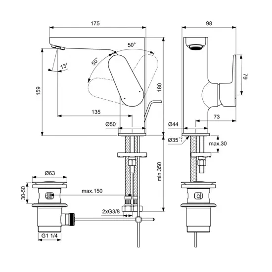 Baterie lavoar Ideal Standard Ceraline BC703XG, 3/8'',a L, monocomanda, cartus ceramic, evacuare cu tija, mat, negru — imaginea 3