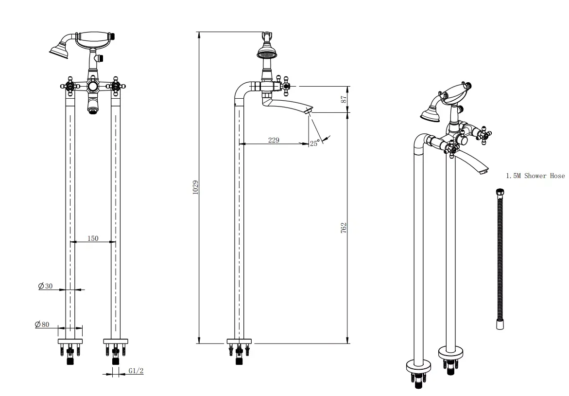Set baterie cada FDesign Lacrima FD1-LRA-11F-66, 1/2'', retro, montare pe podea, diverter, 1 pulverizare — imaginea 2