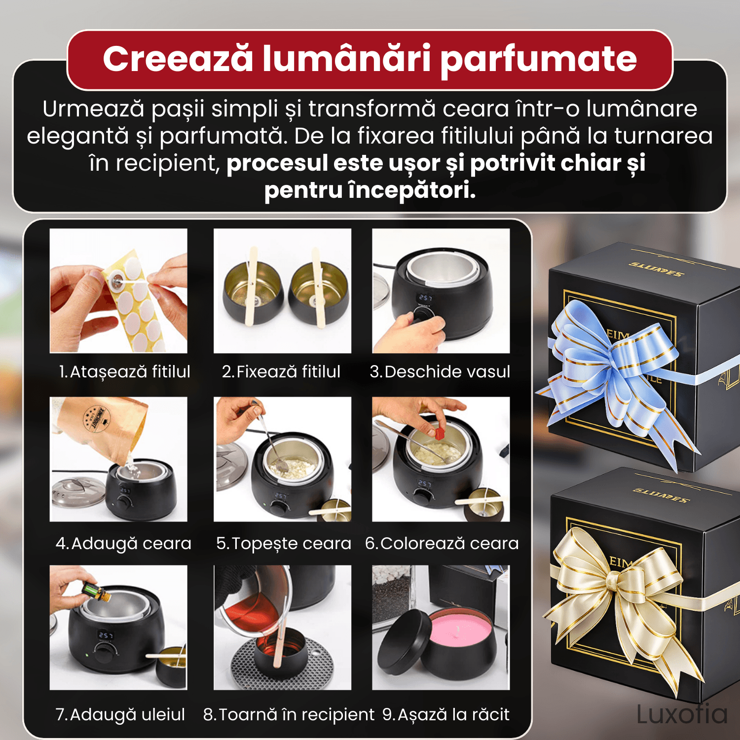 Set complet pentru confectionare lumanari parfumate din soia, Luxofia, aparat topire cu control temperatura
