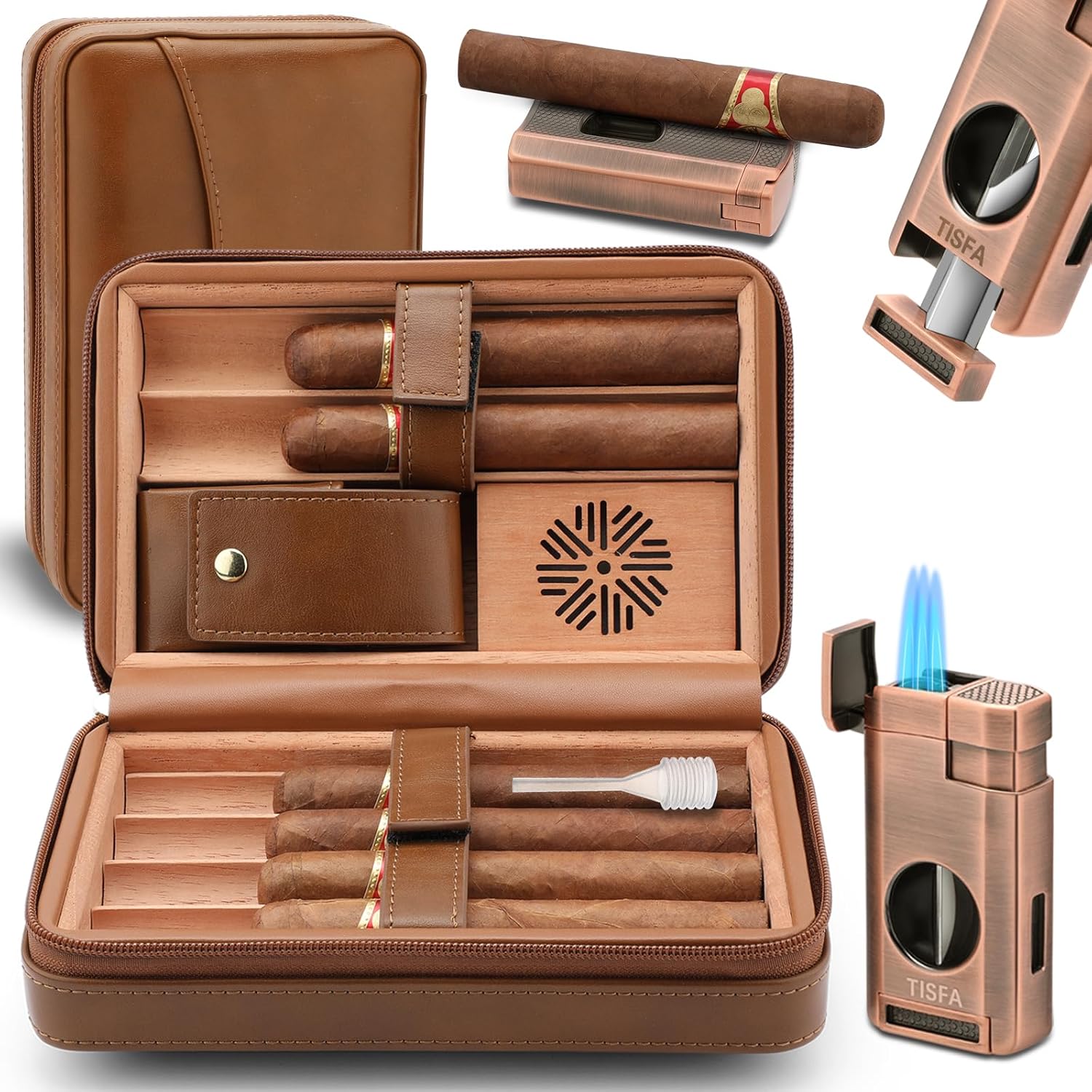 Humidor portabil trabucuri , Luxofia, 6 trabucuri, lemn cedru, bricheta, set premium cadou, maro