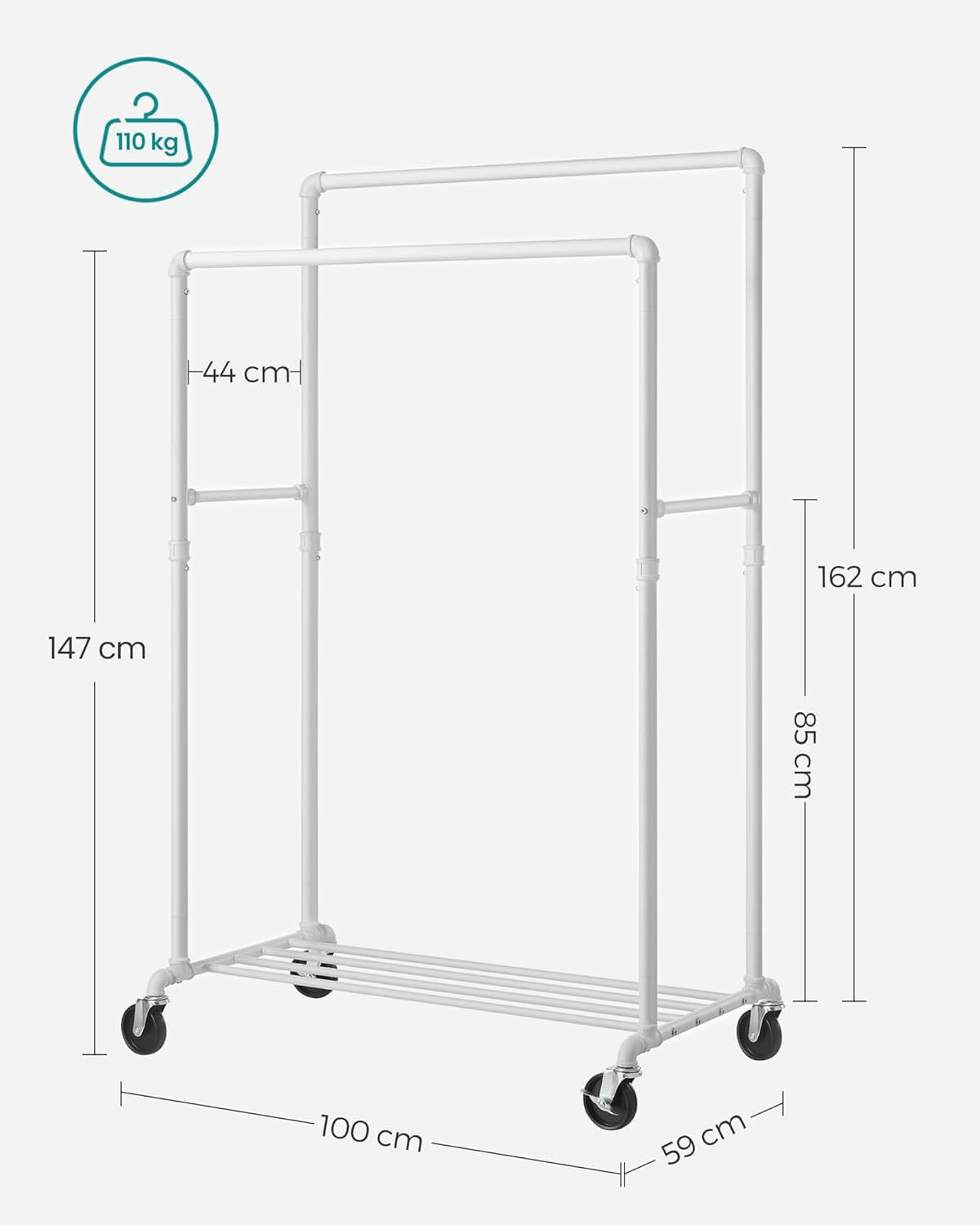 Suport haine cu 2 bare si raft, cu roti, cadru metalic, design industrial, 100x59x162 cm, alb — imaginea 2