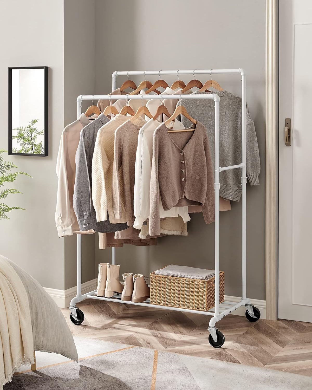 Suport haine cu 2 bare si raft, cu roti, cadru metalic, design industrial, 100x59x162 cm, alb — imaginea 7