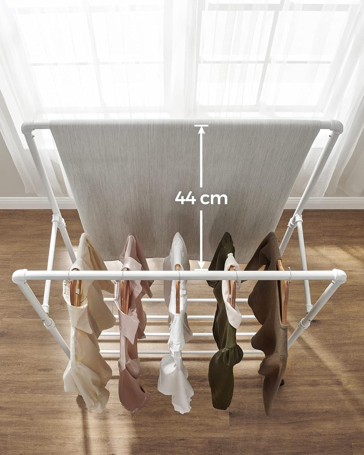 Suport haine cu 2 bare si raft, cu roti, cadru metalic, design industrial, 100x59x162 cm, alb — imaginea 9