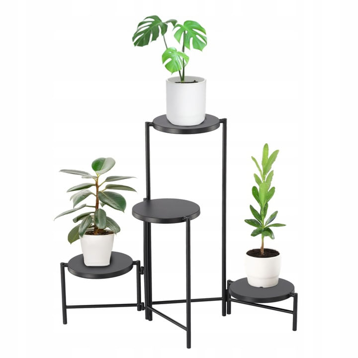 Suport flori metalic 4 niveluri rafturi rotunde interior, 60x43x60 cm, economisire spatiu, negru
