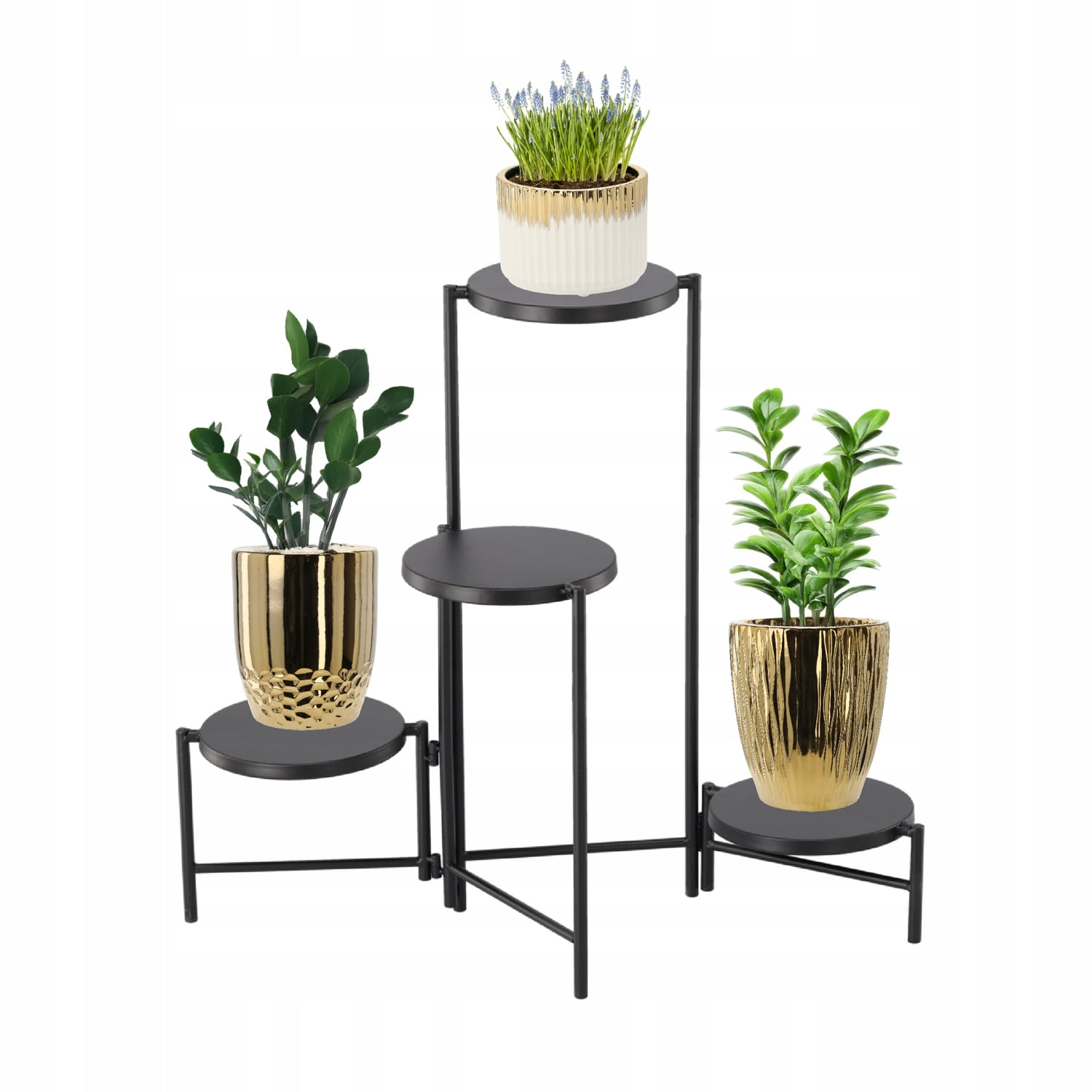 Suport flori metalic 4 niveluri rafturi rotunde interior, 60x43x60 cm, economisire spatiu, negru — imaginea 3