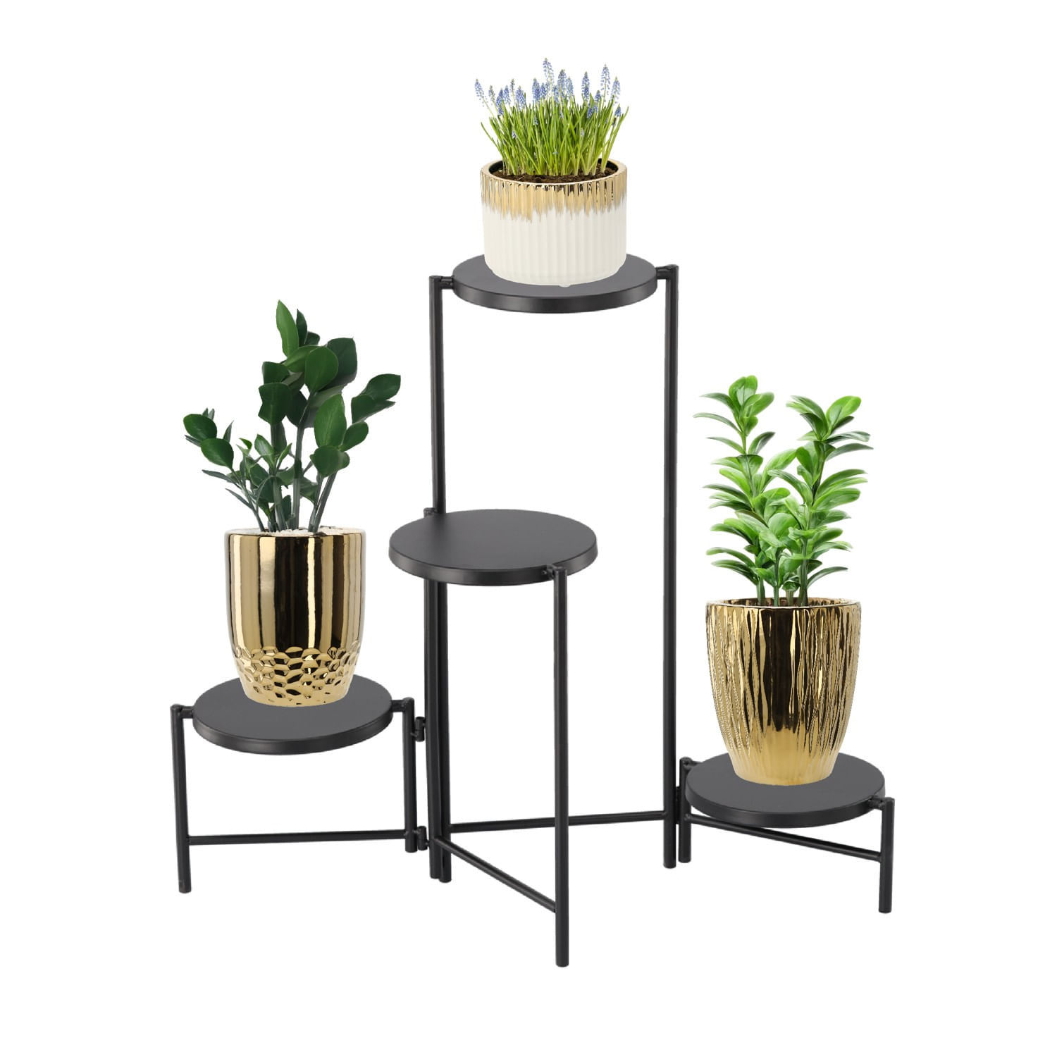 Suport flori metalic 4 niveluri rafturi rotunde interior, 60x43x60 cm, economisire spatiu, negru — imaginea 4