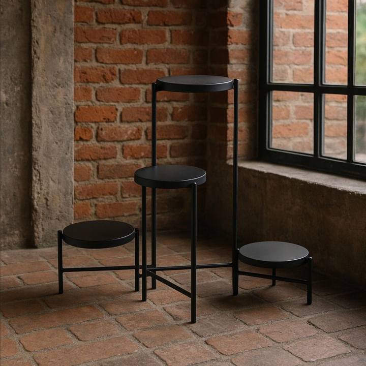 Suport flori metalic 4 niveluri rafturi rotunde interior, 60x43x60 cm, economisire spatiu, negru — imaginea 6