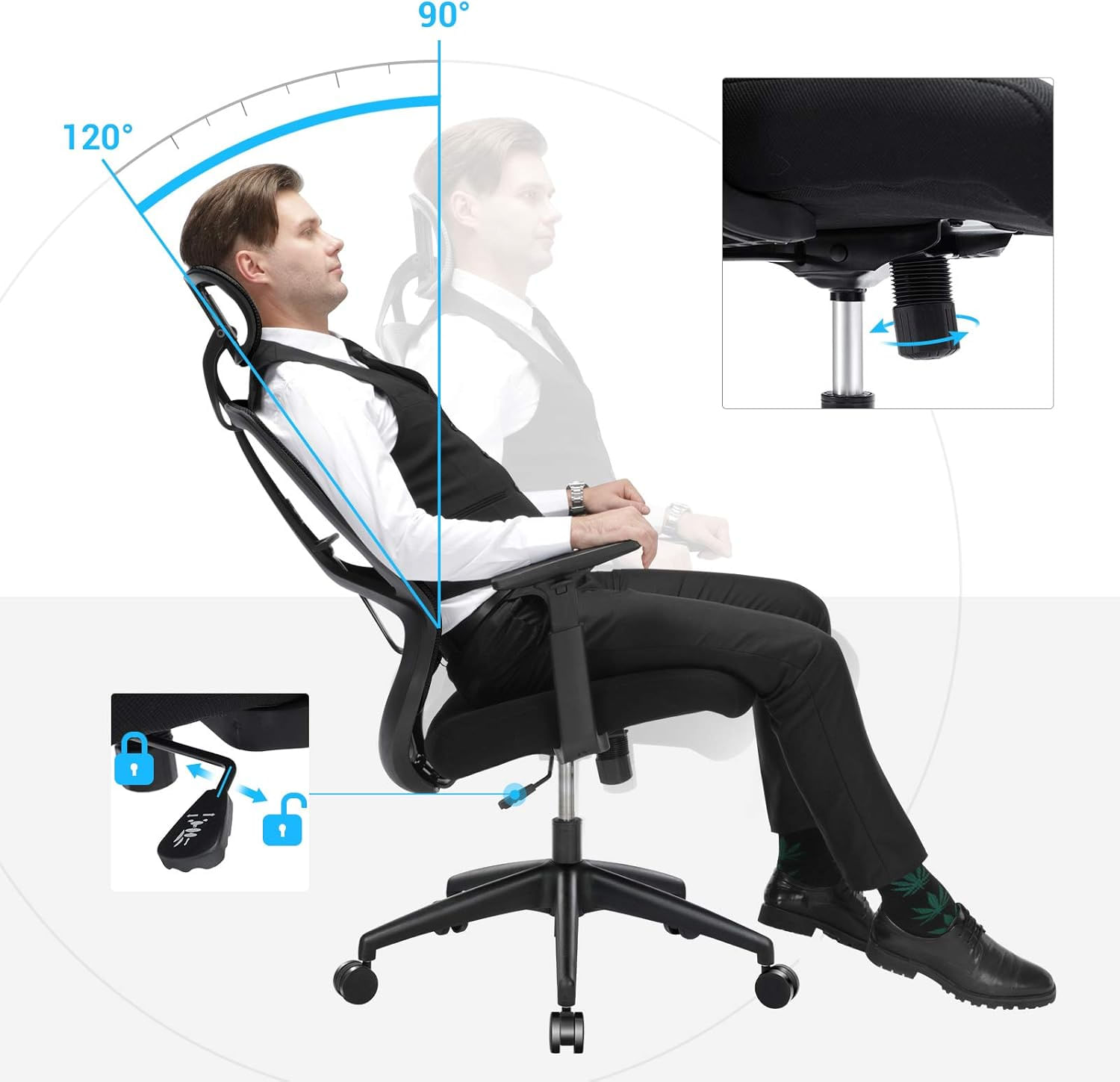 Scaun de birou ergonomic cu tetiera si suport lombar, reglabil, mecanism balans, maxim 120 kg, 70x70x133 cm, negru — imaginea 2