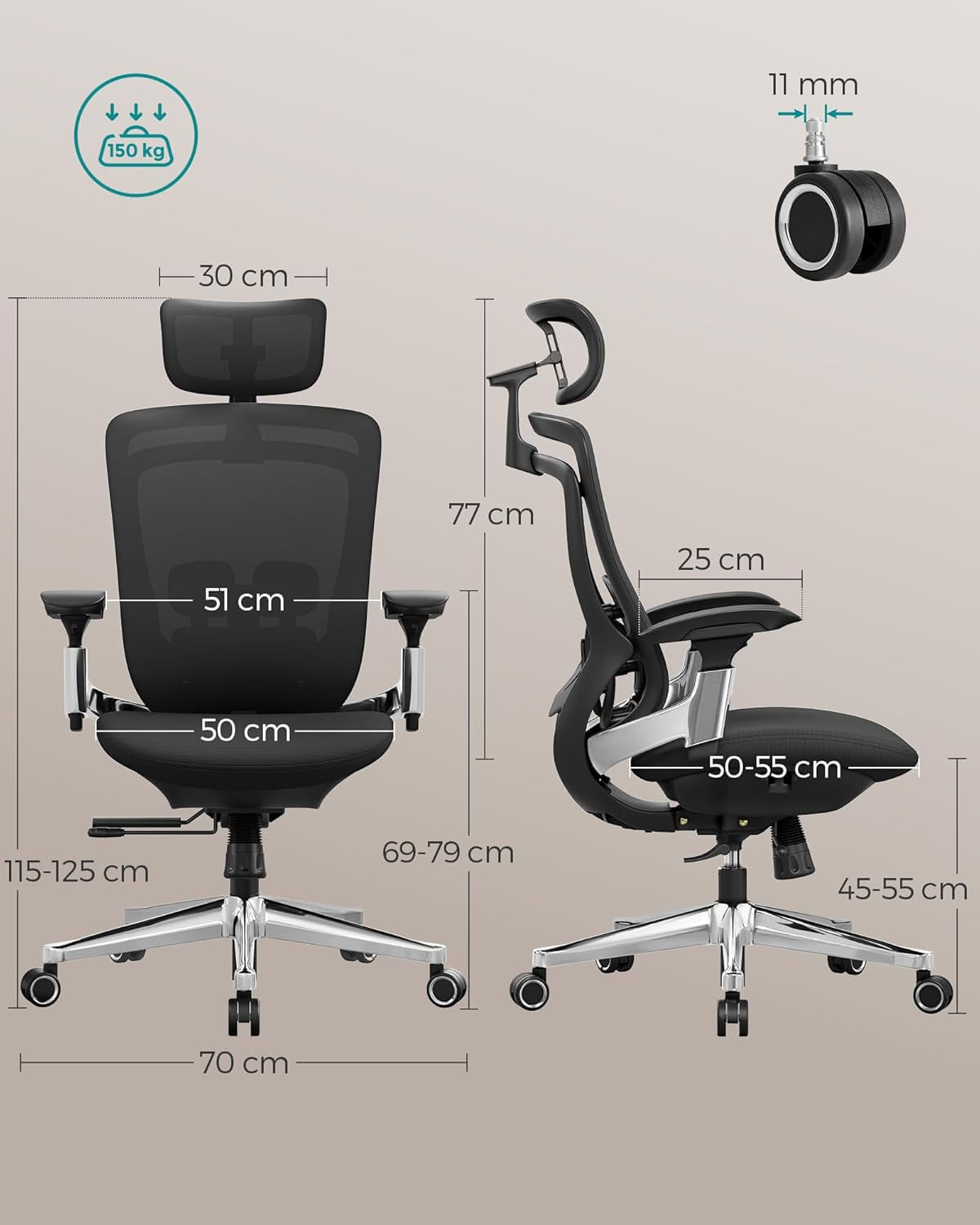 Scaun de birou ergonomic reglabil cu tetiera si suport lombar, inclinare 135A°, maxim 150 kg, 70x70x125 cm, negru — imaginea 3