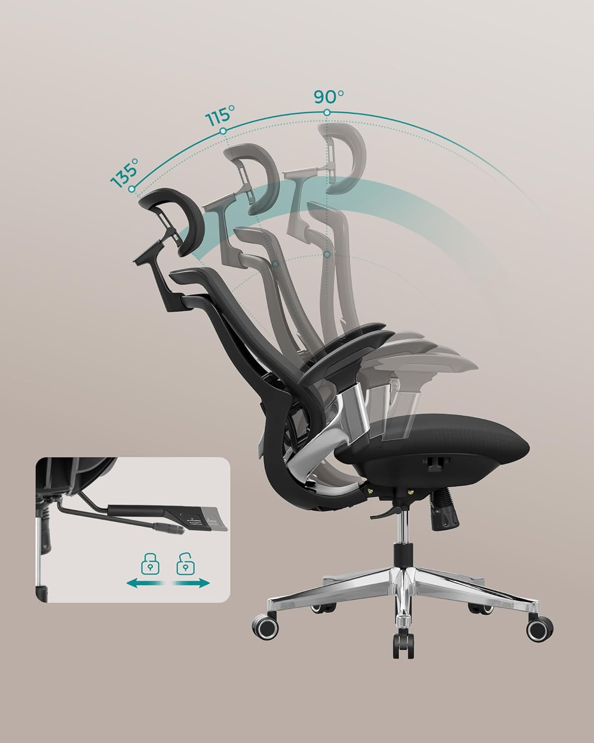 Scaun de birou ergonomic reglabil cu tetiera si suport lombar, inclinare 135A°, maxim 150 kg, 70x70x125 cm, negru — imaginea 6