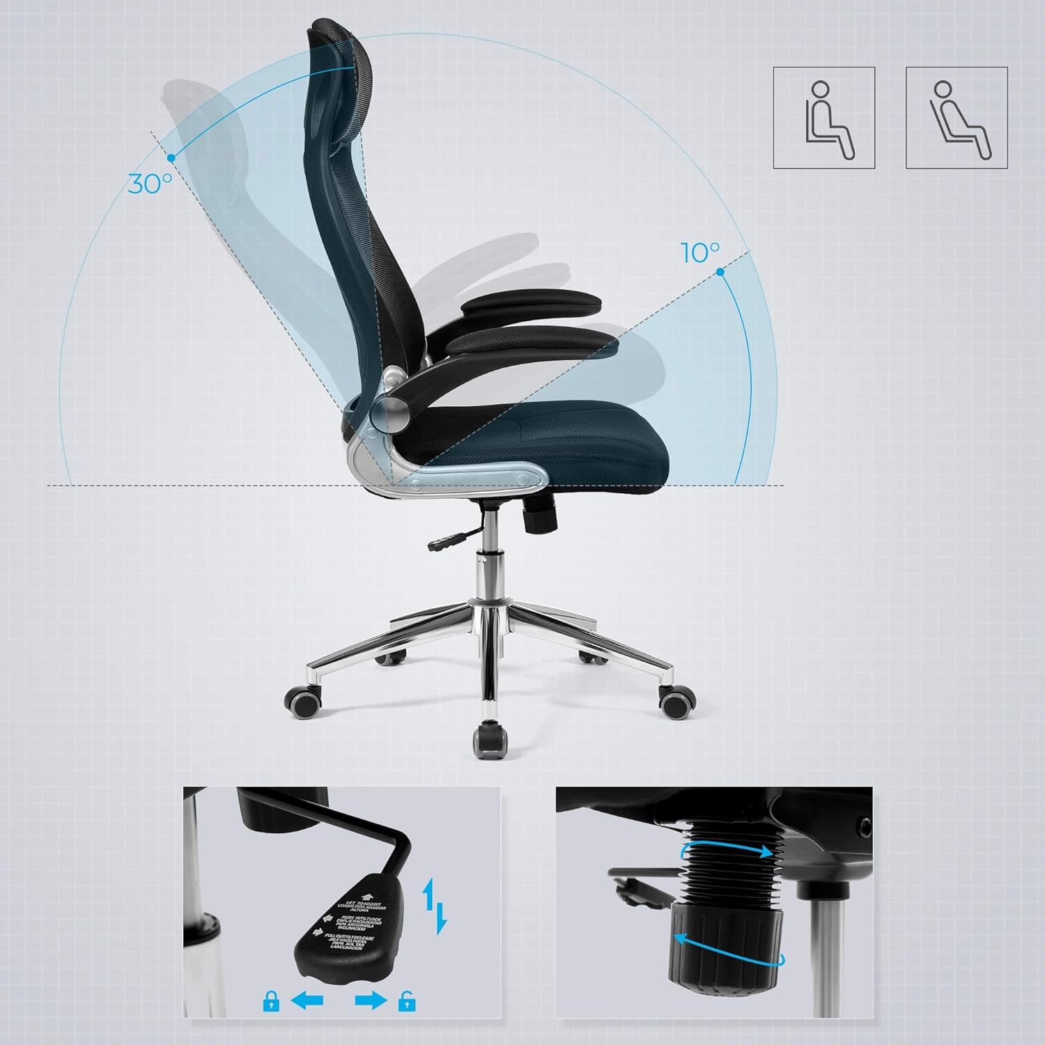 Scaun de birou ergonomic cu tetiera si brate rabatabile, spatar mesh, maxim 120 kg, 68x116-126 cm, negru — imaginea 2