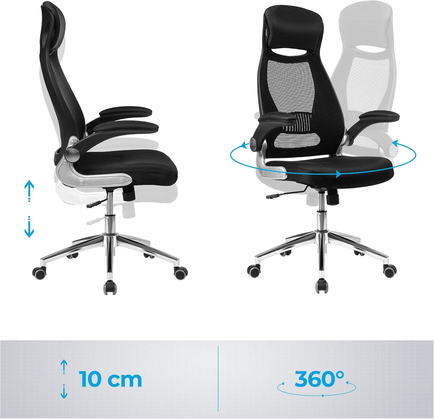 Scaun de birou ergonomic cu tetiera si brate rabatabile, spatar mesh, maxim 120 kg, 68x116-126 cm, negru — imaginea 3