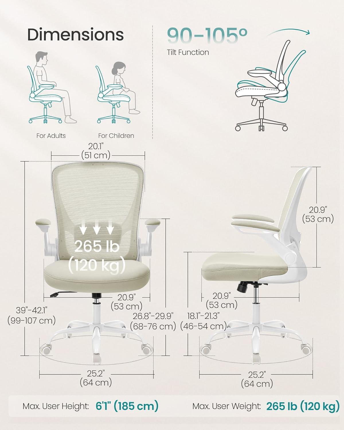Scaun birou ergonomic reglabil spatar mesh suport lombar, 64x64x107 cm, maxim 120 kg, bej — imaginea 3