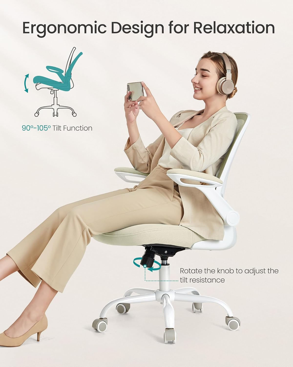 Scaun birou ergonomic reglabil spatar mesh suport lombar, 64x64x107 cm, maxim 120 kg, bej — imaginea 5