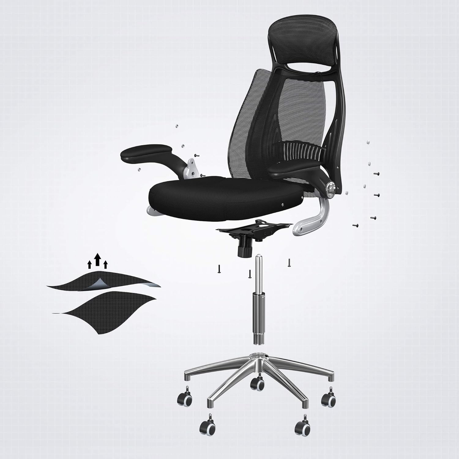 Scaun de birou ergonomic cu tetiera si brate rabatabile, spatar mesh, maxim 120 kg, 68x116-126 cm, negru — imaginea 6