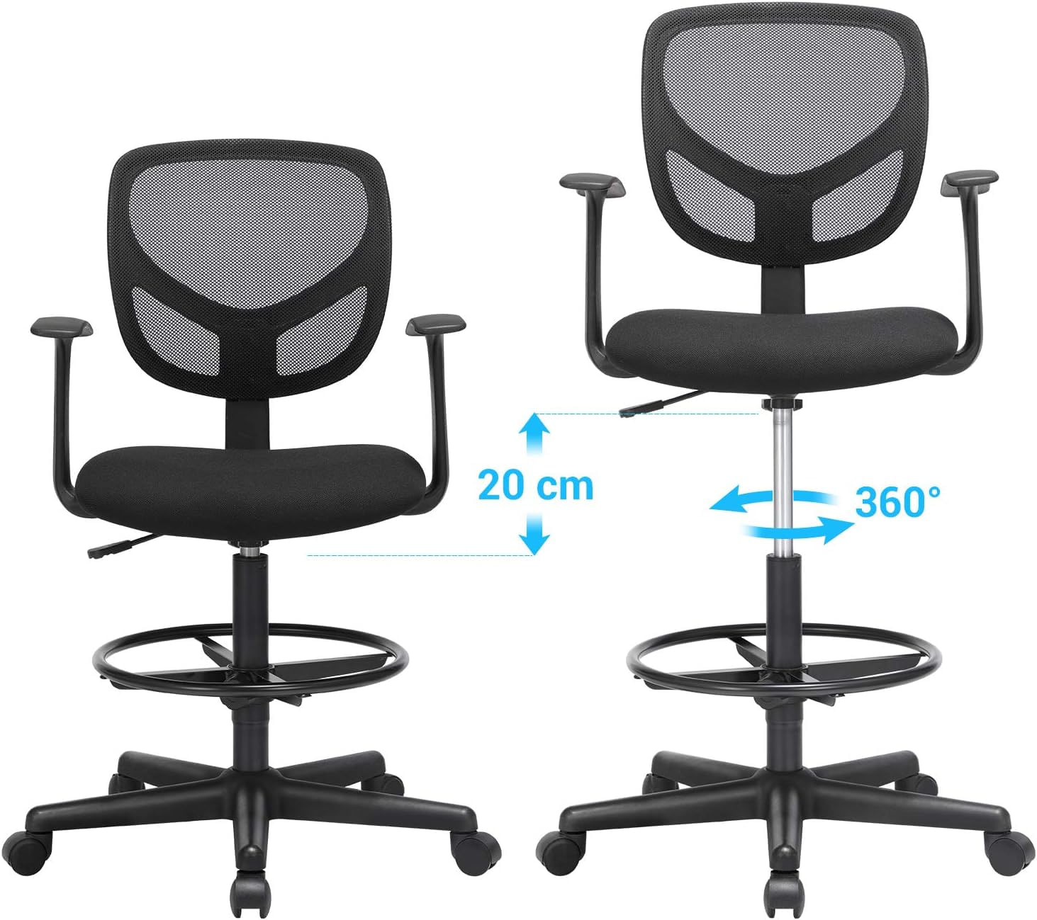 Scaun de birou inalt, rotativ, suport picioare reglabil, ajustare pe inaltime 55-75 cm, 64x64x97 cm, negru — imaginea 3