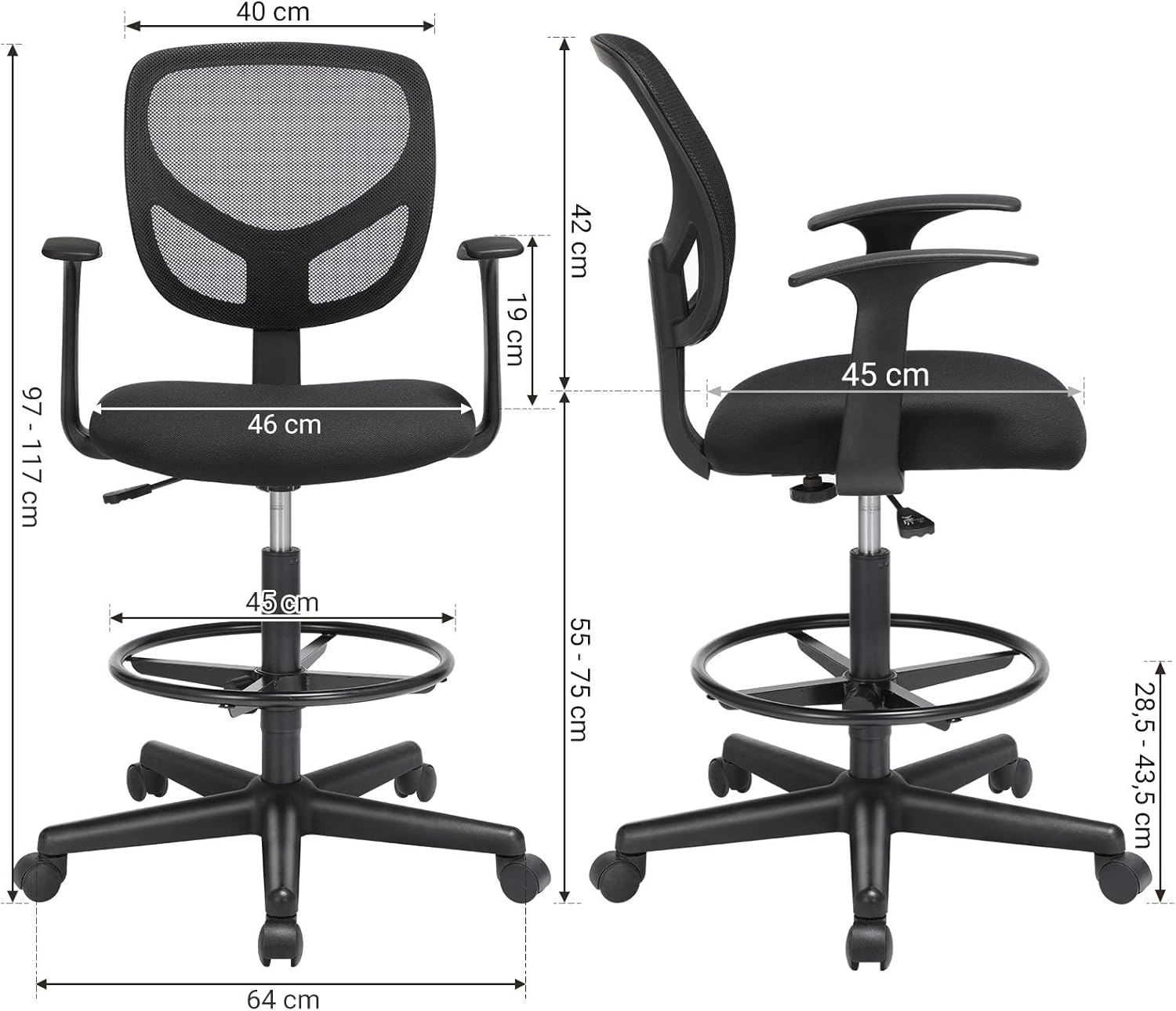 Scaun de birou inalt, rotativ, suport picioare reglabil, ajustare pe inaltime 55-75 cm, 64x64x97 cm, negru — imaginea 6