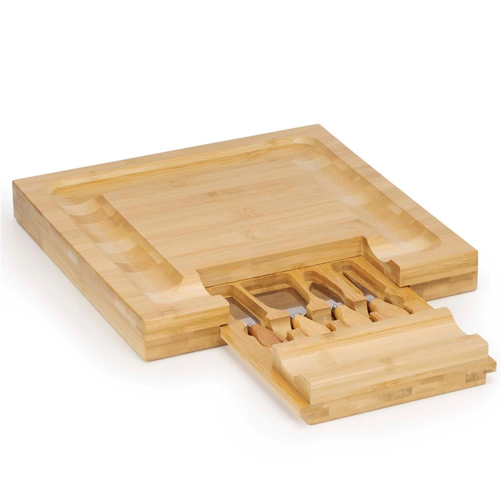 Set servire branzeturi platou bambus sertar glisant 4 accesorii, 33x33x4 cm, compact, maro natur — imaginea 2