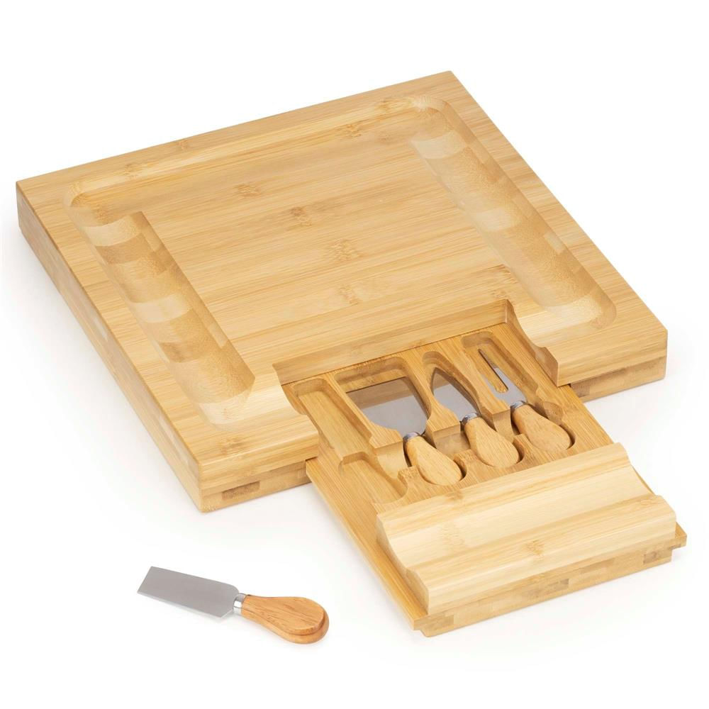 Set servire branzeturi platou bambus sertar glisant 4 accesorii, 33x33x4 cm, compact, maro natur — imaginea 4