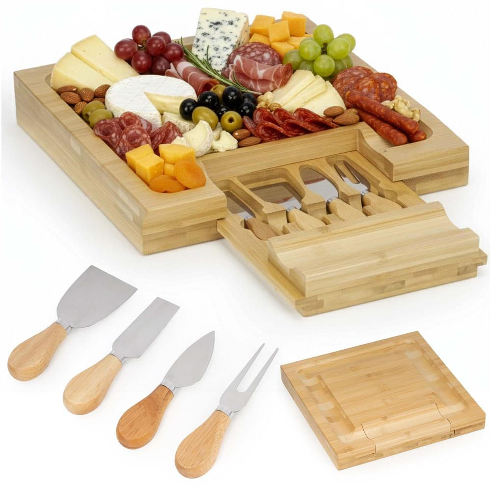 Set servire branzeturi platou bambus sertar glisant 4 accesorii, 33x33x4 cm, compact, maro natur — imaginea 7